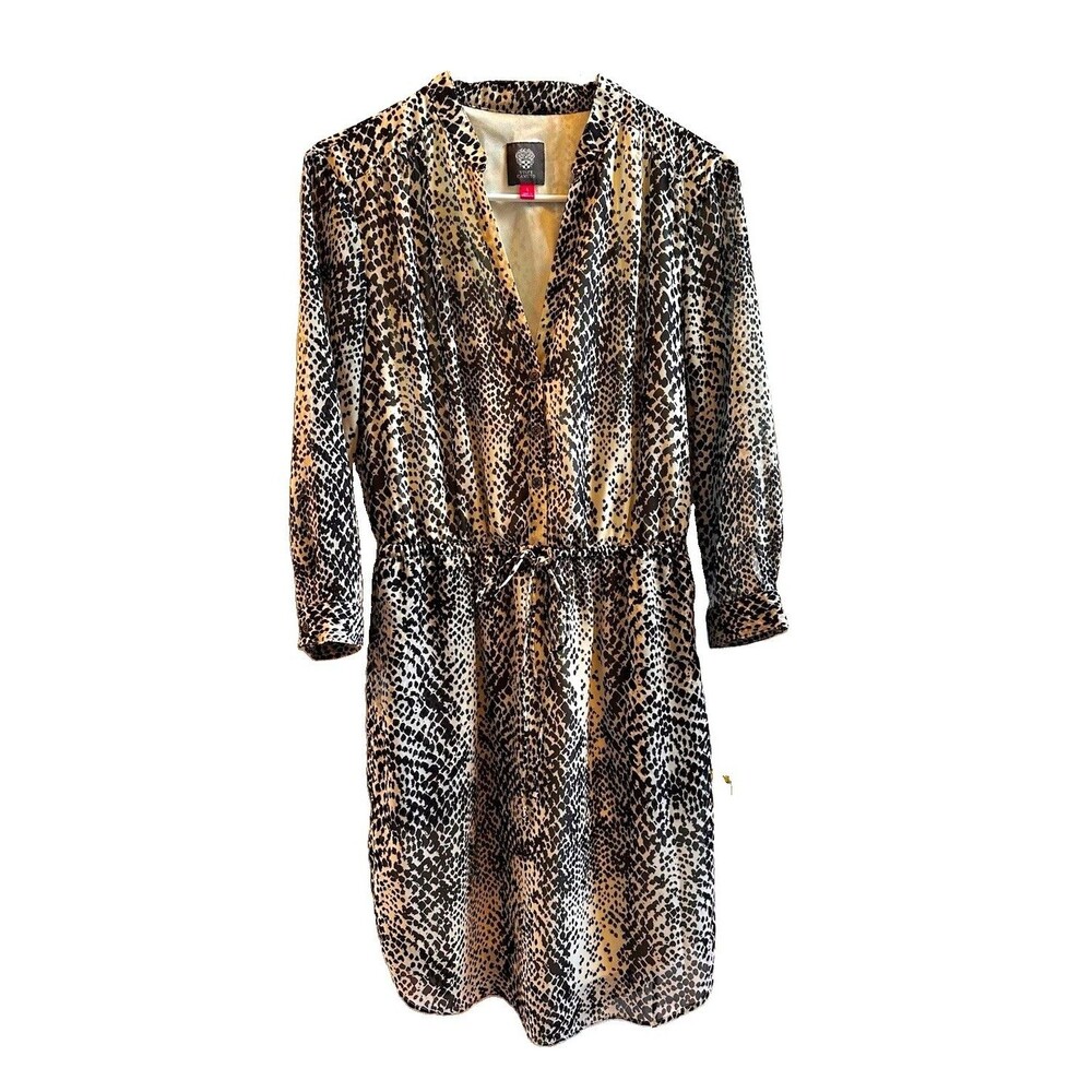 Vince Camuto Black White Leopard Animal Print Chiffon Shirt Dress Lined Size 4